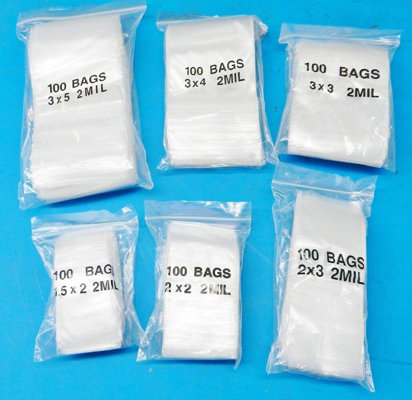 600pc 2 Mil Clear Plastic Reclosable Zip Poly Bags with Resealable Lock Seal Zipper Clear Plastic Bags 6 Size Assortment Set, 100 of Each Baggies, Zip Seal Top Lock Single Track squeeze seal. By JTS