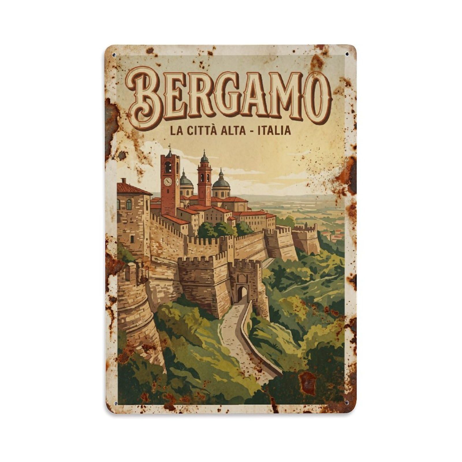 Vintage Travel Bergamo Italy Metal Tin Sign Wall Decor for Cafe, Club, Garden Metal Poster 8x12Inch