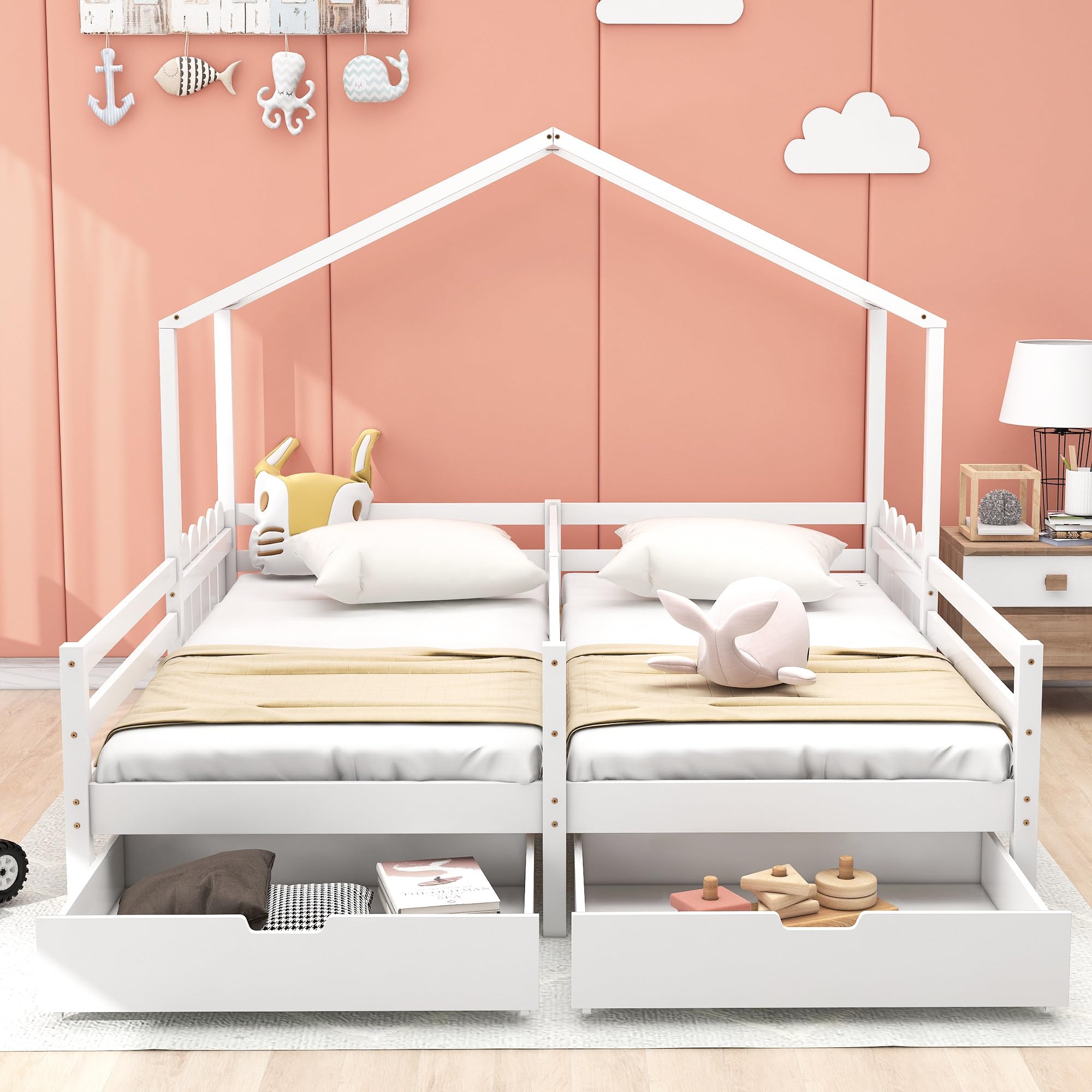 Letto matrimoniale 200x90cm,Letto casa,Culla,Lettino con 2 cassetti in MDF,Cassetti su ruote,Telaio a doghe in pino,Bianco