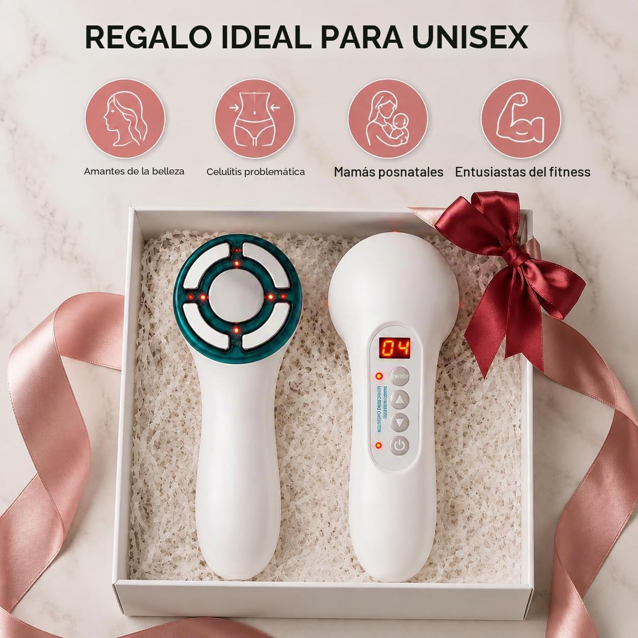 Dispositivo de radiofrecuencia para celulitis corporal, plástico blanco, incluye cable de alimentación, manual, mejora el tono