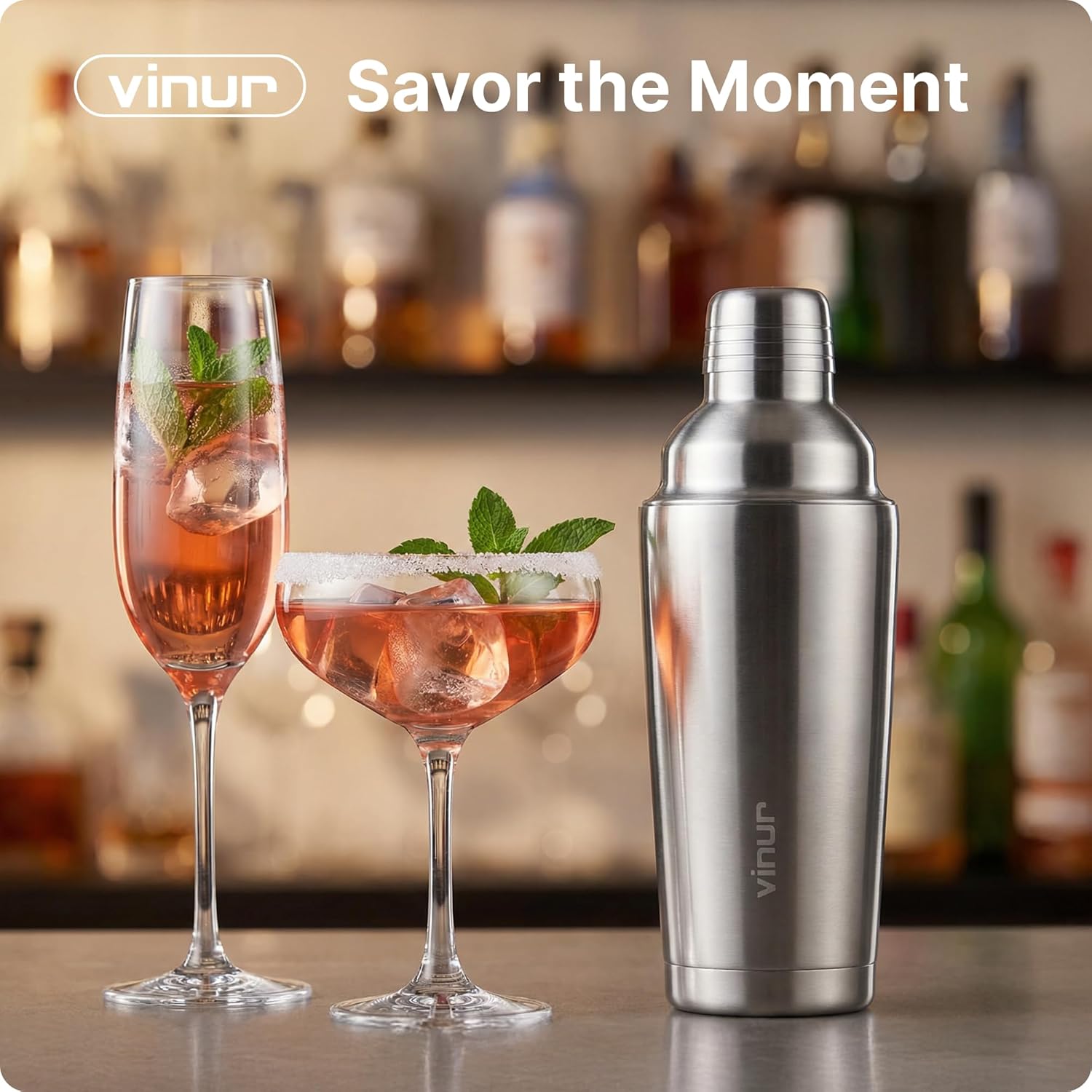 VINUR Cocktail Shaker, 20 oz Stainless Steel Vacuum Insulated Martini Shaker with Built-in Strainer & Jigger Lid for Home Bartender, Gift for Men & Women, Stainless Steel