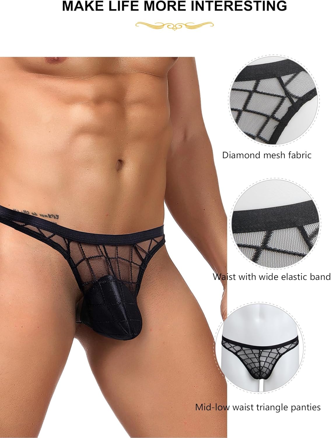 Mens Sexy Mesh Thong Low Rise G String T-Back See Through Underwear Black Breathable Panties for Men S-XL - Image 4