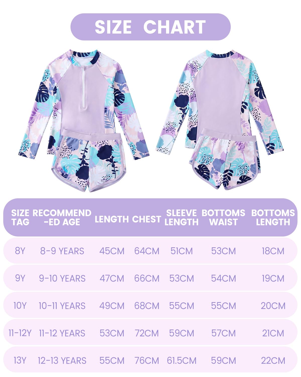 DivingBirds Maillots de Bain Fille Manche Longue Maillot de Bain 2 Pieces Ado Fille Maillot Bain UV, 8-12 Ans