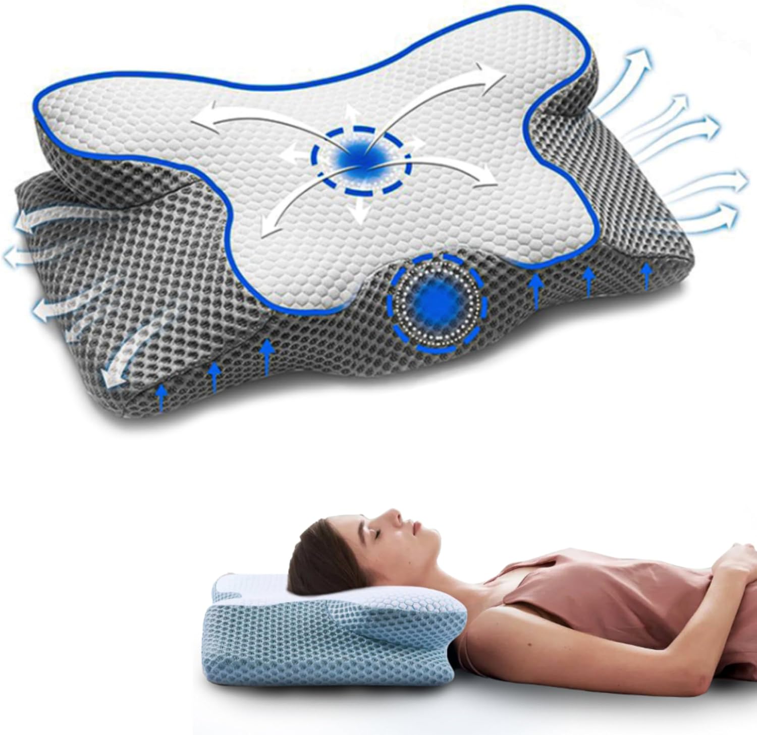 Cervical Memory Foam Pillow, Contour Pillows for Neck & Shoulder Pain, Ergonomic Orthopedic Sleeping Neck Contoured Support Pillow for Comfortable Side & Back Sleepers (Blue with White)