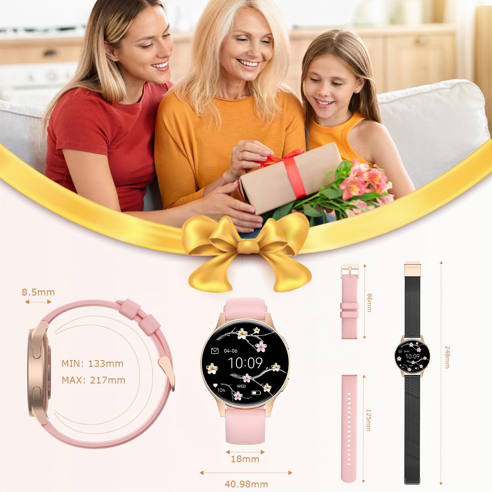 2025 Montre Connectée Femme avec SIRI/ET/HR, 1.27" TFT Smartwatch avec Appel Bluetooth Cardiofréquencemètre 120+ Modes Sport Montre IP68 Fitness Podomètre pour Android iOS (Or Noir)