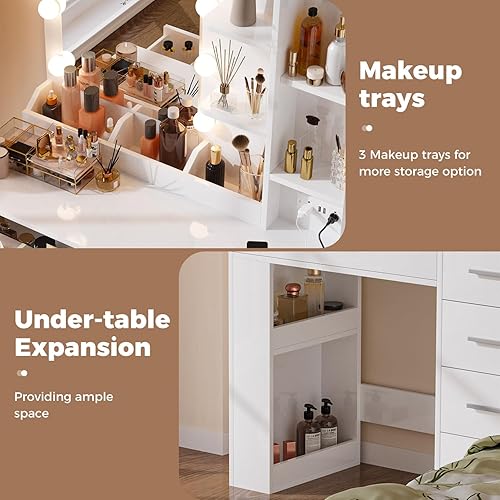 Vista 7 de Escritorio de maquillaje de 37 pulgadas con espejo y luces, mesa de tocador de maquillaje con 5 cajones, armario de almacenamiento grande y 4