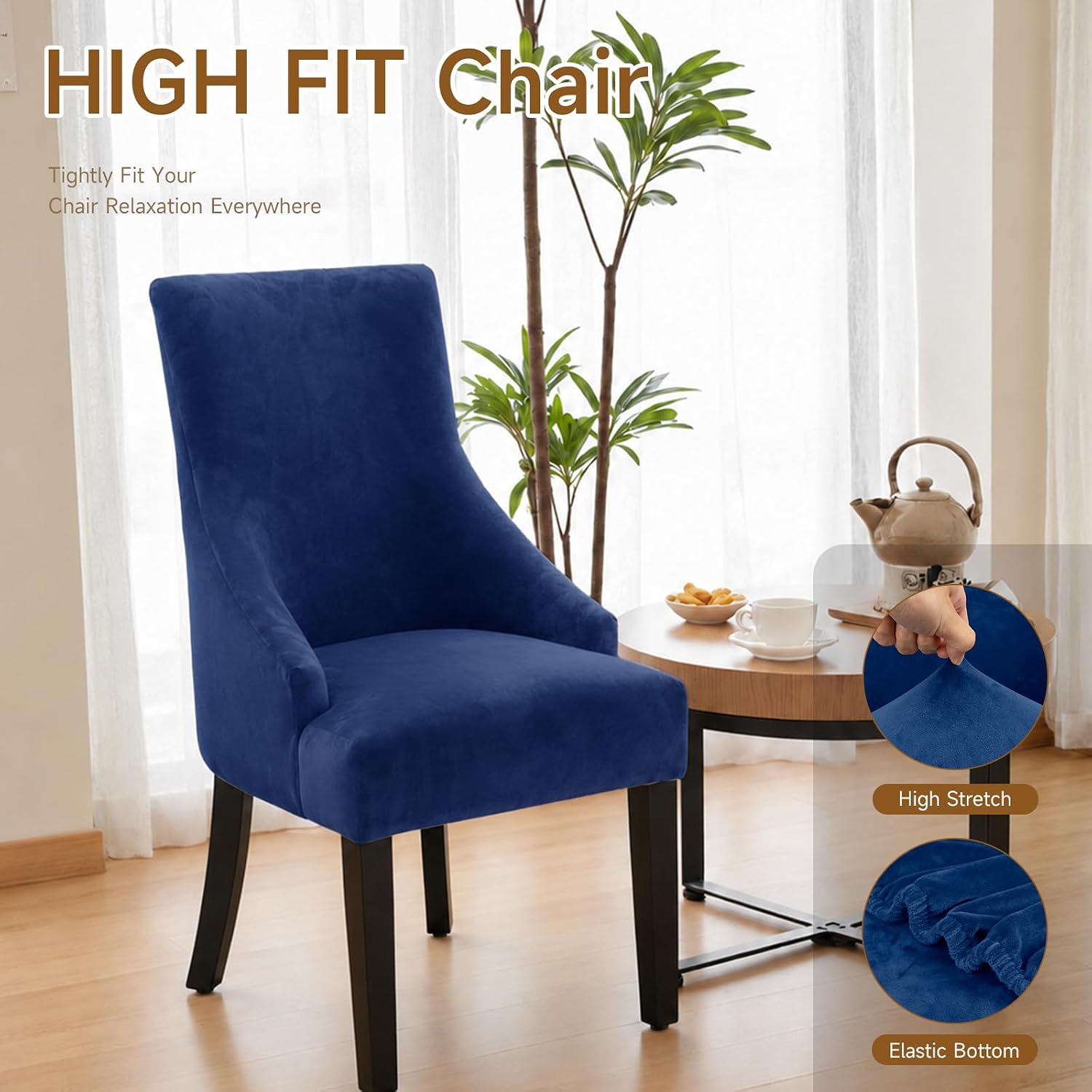 Velvet Wingback Dining Chair Covers Accent Chair Cover Navy Blue 2 pcs