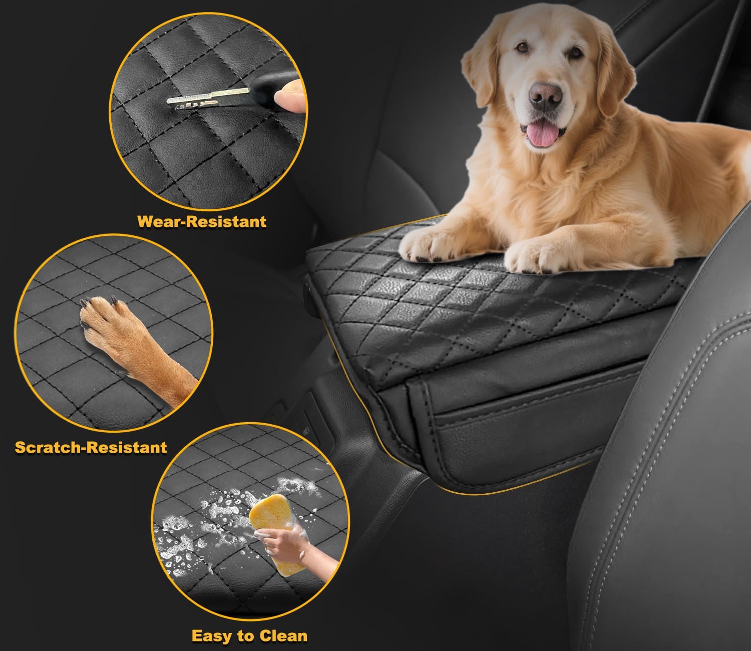 Center Console Cover for Ford Bronco 2021-2026 2/4-Door Armrest Cover Bronco Accessories Middle Console Cover Pu Leather Black (Extra Side Storage) |Pet-Claw Defense| (Not Fit For Bronco Sport)