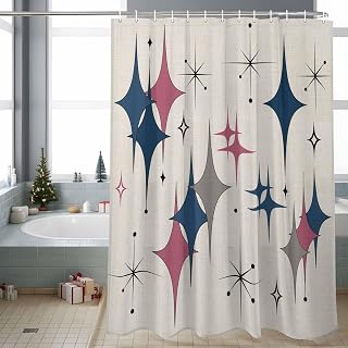 Colorful Stars Shower Curtain Vintage Navy Blue Pink Grey Star Shiny Diamonds Linen Texture Shower Curtains for Bathroom Washable Waterproof Fabric Curtain Sets with 12 Hooks 72x78