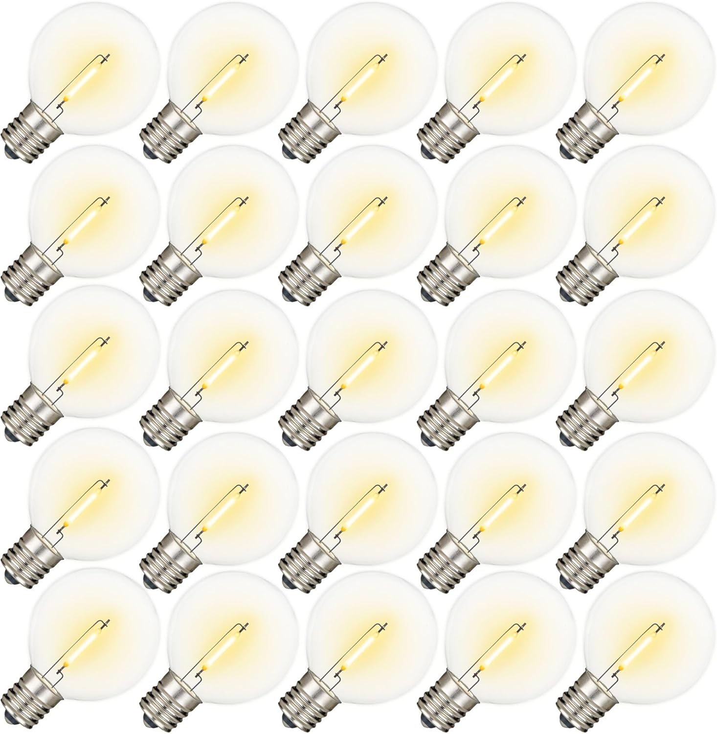 25 Pack G50 Warm White LED Replacement Bulbs – Shatterproof Plastic Filament Bulbs for C9/E17 Sockets, Energy Efficient 0.6W, Indoor/Outdoor Use, 3500 Hour Life