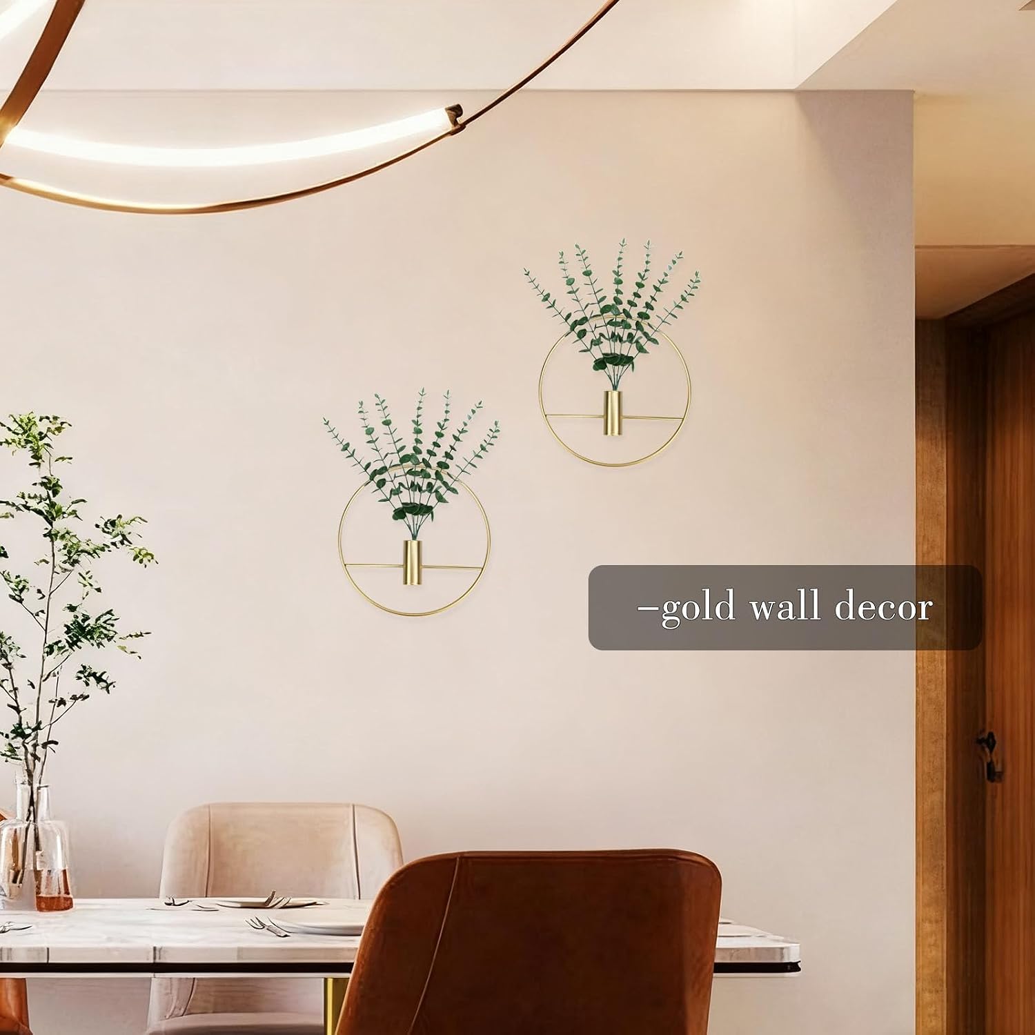 GREENTIME 2 Pack Hanging Planters Faux Eucalyptus with Gold Round Modern Geometric Metal Hanging Vase for Graduation Decorations Teacher Appreciation Living Room Bedroom Boho Kitchen Wall Decor Shelf