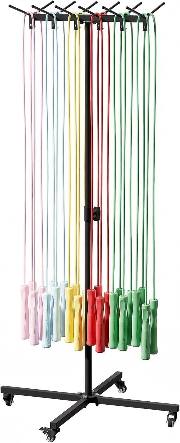 Jump Rope Cart with Wheels, Metal Jump Rope Tree, Adjustable Height Sports Equipment Cart for Gyms, Schools, Portable Fitness Rack for Cord Wire Belt Hose Storage