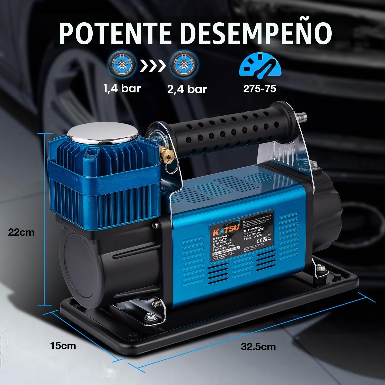 KATSU Tools Profesional Inflador de Neumáticos de Coche, 150 PSI 12V 45Amp Portátil Gran Volumen Bomba de Neumáticos de Compresor de Aire para 4WD Auto Van Camiones Inflables