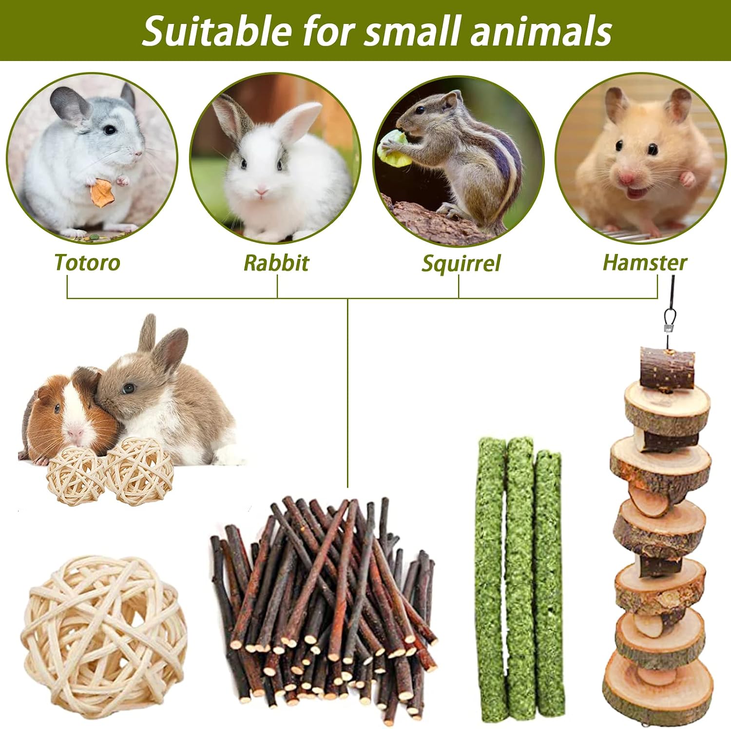 PD Small Animal Chew Toys, Bunny Molar Toy for Teeth Natural Apple Wood Chips, Animal Snacks Chew Toys for Rabbits Chinchilla Hamsters Guinea Pigs Gerbils Groundhog Squirrels (3 pcs)