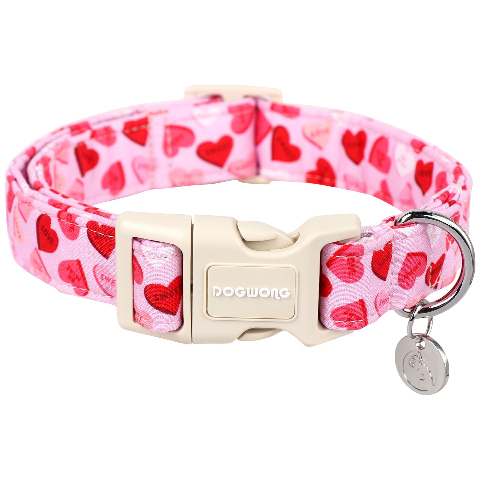 DOGWONG Valentine's Dog Collar - Pink Heart Adjustable Cotton Heart Dog Collar - Perfect for Large Dogs