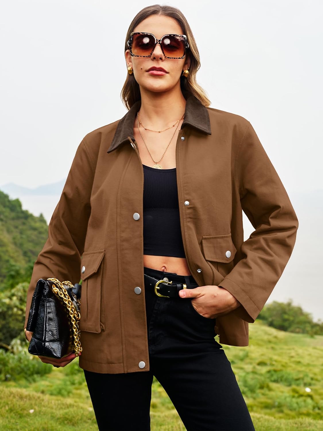 ELLEVEN Padded Barn Jackets for Women Oversized Fall Utility Corduroy Collar Coat, Cotton Outerwear with Pockets - Image 3