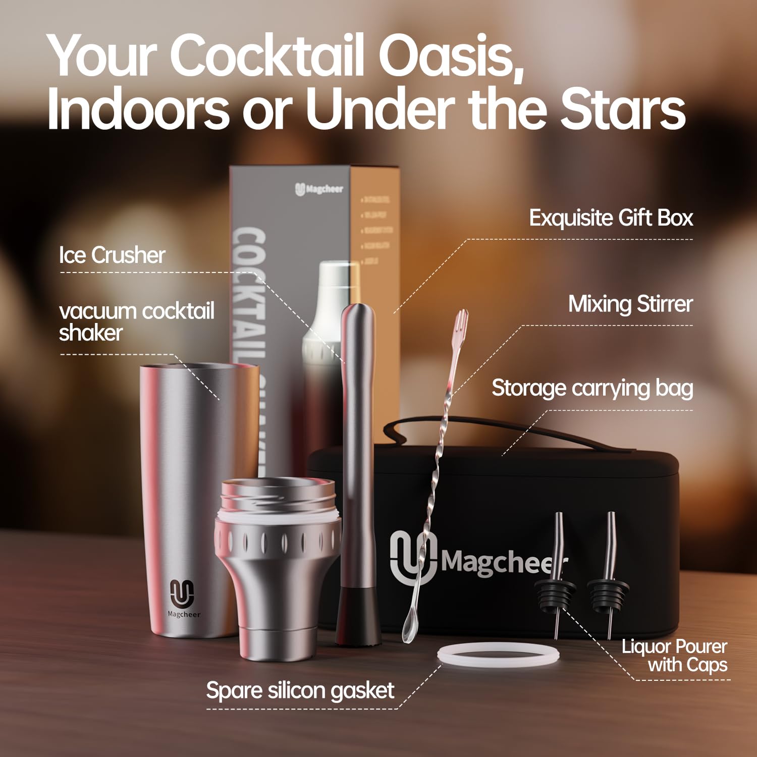 Magcheer Shaker Cocktail Professionale Isolato con Misurino Incorporato | Set Cocktail 5 Pezzi con Borsa da Viaggio | Kit Cocktail 900ml Adatto a Principianti e Baristi(Argento)