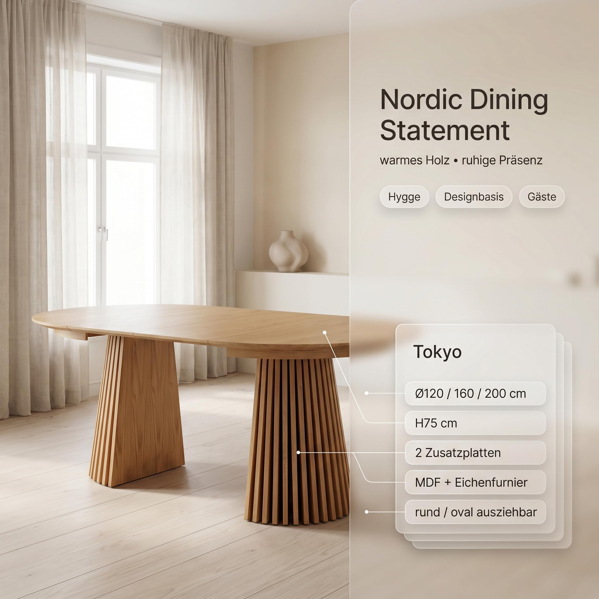 Esstisch oval ausziehbar - Tokyo 2 Einlegeplatten 120/160/200 cm Eiche Furnier Natur – Ausziehtisch Rund zu Oval Esszimmertisch