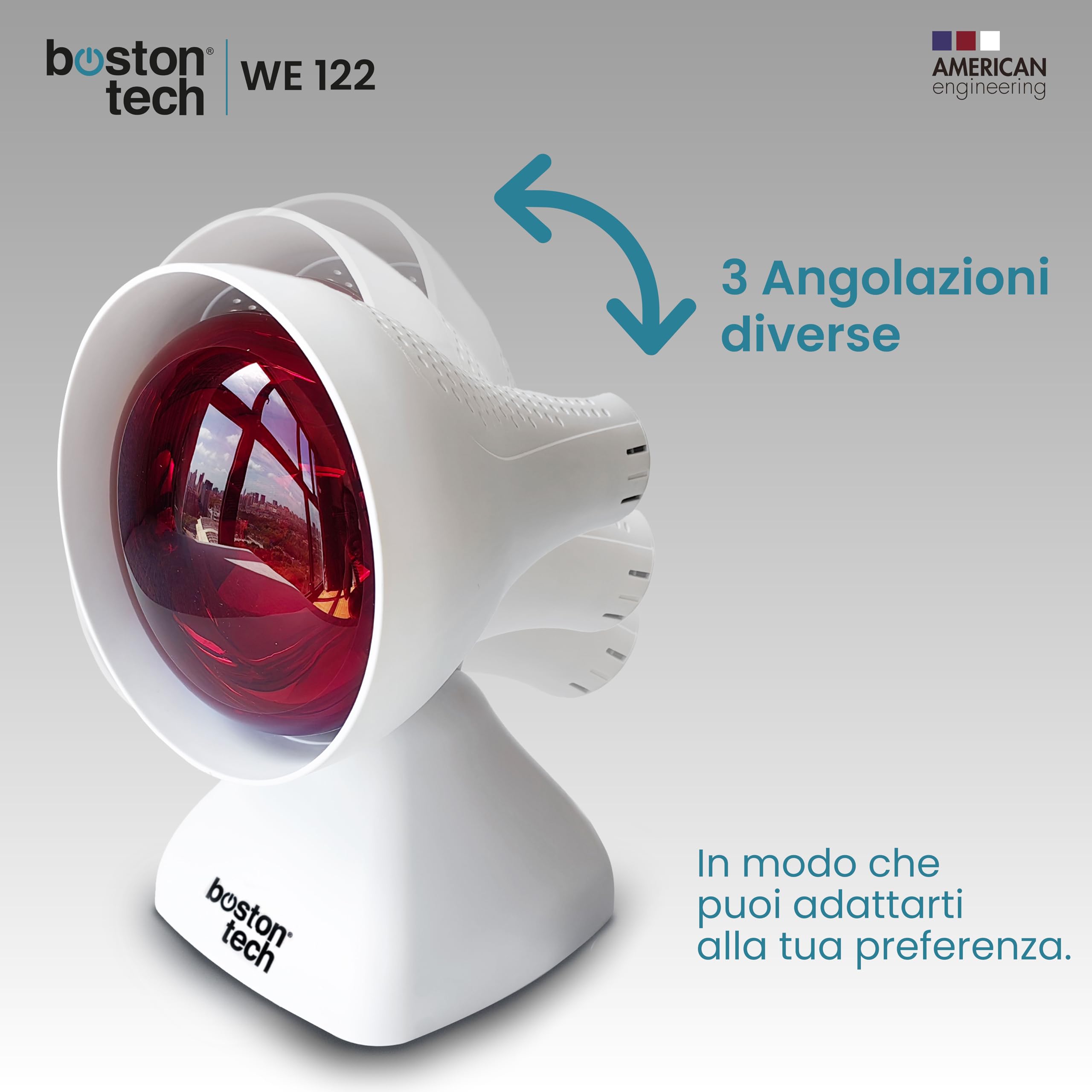 Boston Tech WE122 Lampada a infrarossi da tavolo fisioterapia dispositivo termico potenza 200 W sollievo dolori e tensioni muscolari 3 livelli di inclinazione Timer e protezione degli occhi.