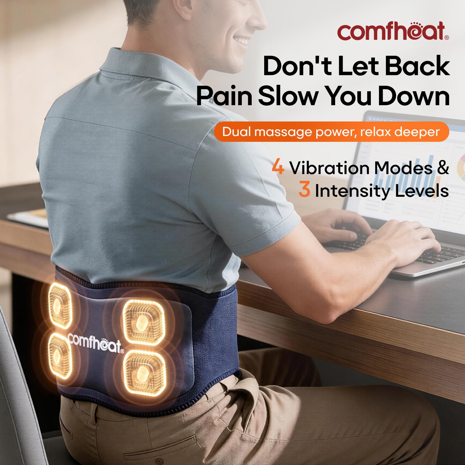 Massaggiatore per la schiena senza fili con calore per alleviare il dolore ai tessuti profondi, cuscinetto riscaldante portatile per dolore lombare e sciatica, 4 motori indossabili a batteria