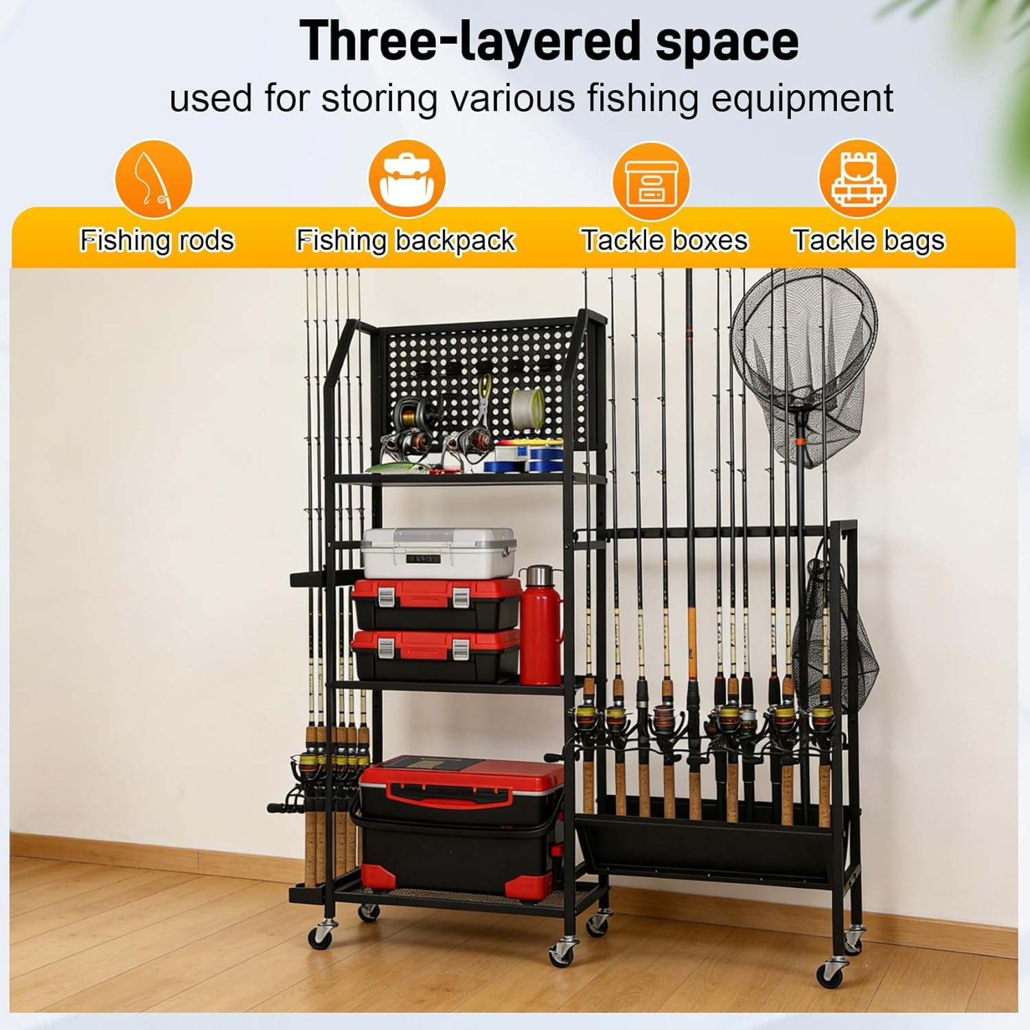 𝐔𝐩𝐠𝐫𝐚𝐝𝐞 Fishing Pole Holders for Garage,Fishing Rod Holders Up to 18 Rods with Pegboard and Hooks,3-Tier Fishing Pole Rack with Lockable Wheels