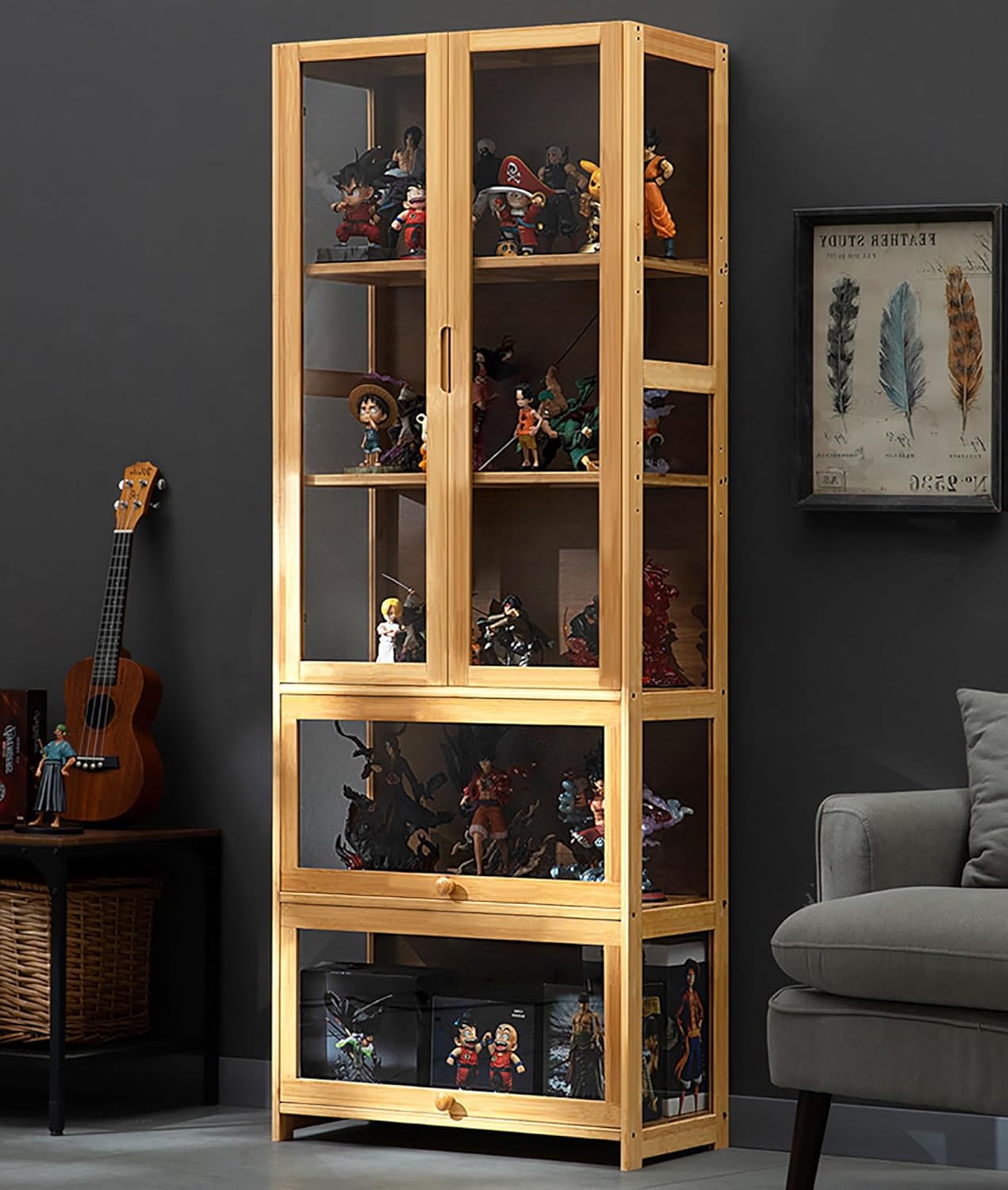 Display Cabinet Toys Display Shelf，Bamboo Display Cabinet, Figures Curio Display Cabinet, Display Cabinet with Acrylic Doors, Display Cabinets for Collectibles with 3/5-Tier Storage Shelves