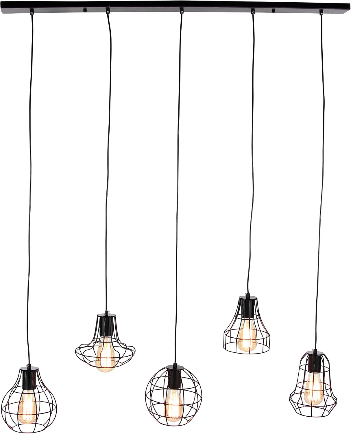 CosmoLiving by Cosmopolitan 72651 Large Industrial Style Staggered Pendant Lighting with 5 Black Iron Geometric Caged Edison Bulbs | 42” x 52”
