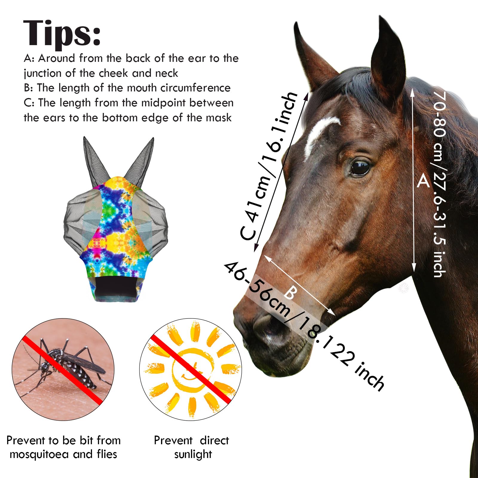 Qualirey Fliegenmaske für Pferde, bequem, elastisch, mit Ohrennetz, UV-Schutz, atmungsaktive Gesichtsbedeckung für Pony und Fohlen, Größe M, Batikmuster, 12 Stück