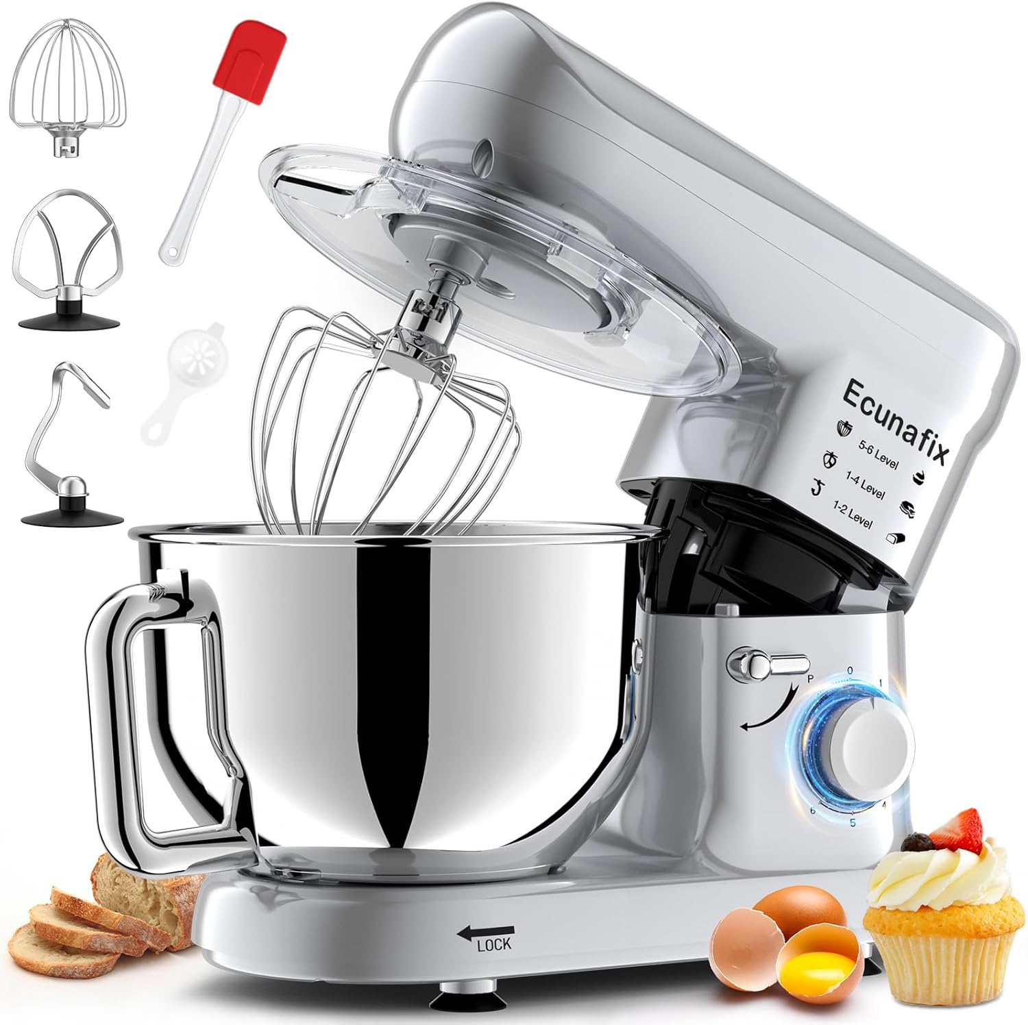 Kitchen Stand Mixer, 6.5Qt Household Stand Mixers, 660W 6+P Speed Tilt-Head Electric Dough Mixer, Food Mixers for Daily Use with Dough Hooks, Whisk, Beater Silver