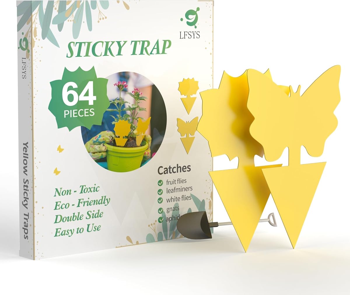 LFSYS 64 Pcs Sticky Traps for gnat, Yellow Sticky Fruit Fly Traps for Indoors Plants, Indoor Safe for Gnat, Fruit Fly, White Fly, Aphid, Leaf Miner