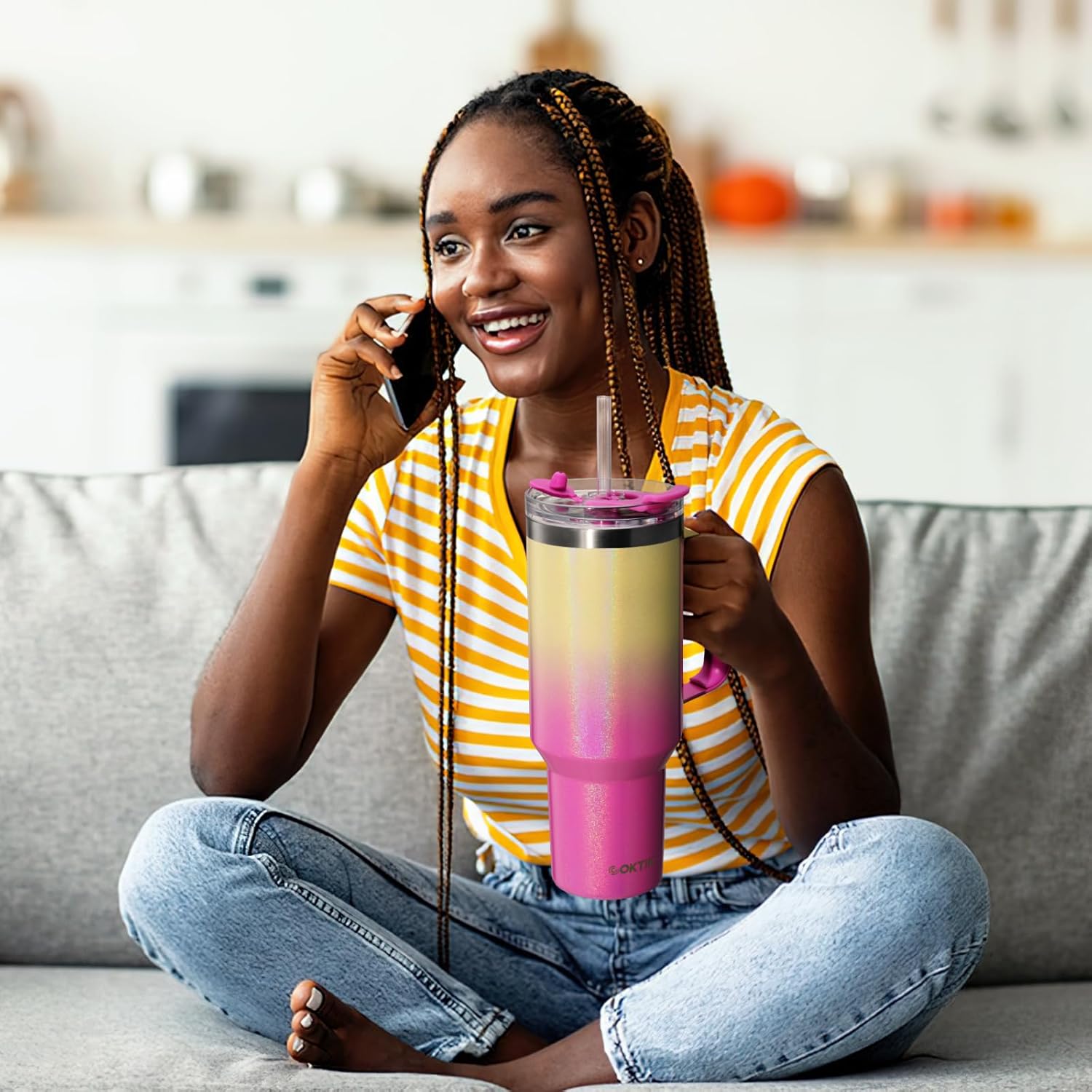 COKTIK 40 oz Tumbler With Handle and Straw, Insulated Tumbler With Leakproof Lids, Stainless Steel|BPA-Free, Cold for 24 H (Glitter Rainbow) - Image 8