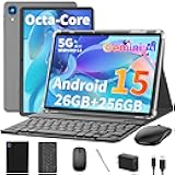 Android 15 tablet with keyboard, 26GB RAM+256GB ROM(2TB Expand), 10 inch tablet with 8000mAh Battery, 2.4G/5G WiFi, BT 5.0, 5MP+13MP Dual Camera, Gemini AI, Octa-core, Mouse, Stylus, Case(Black Case)