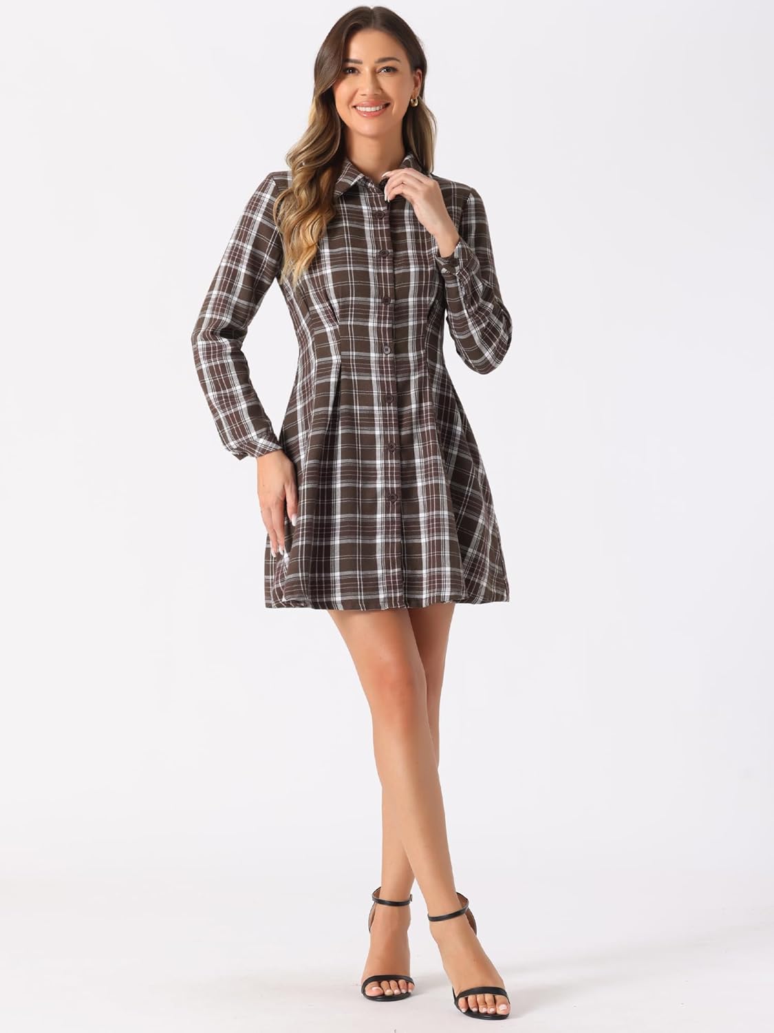 Allegra K Women's Christmas Tartan Plaid High Waist A-Line Button Up Flannel Flared Shirt Dress - Image 3
