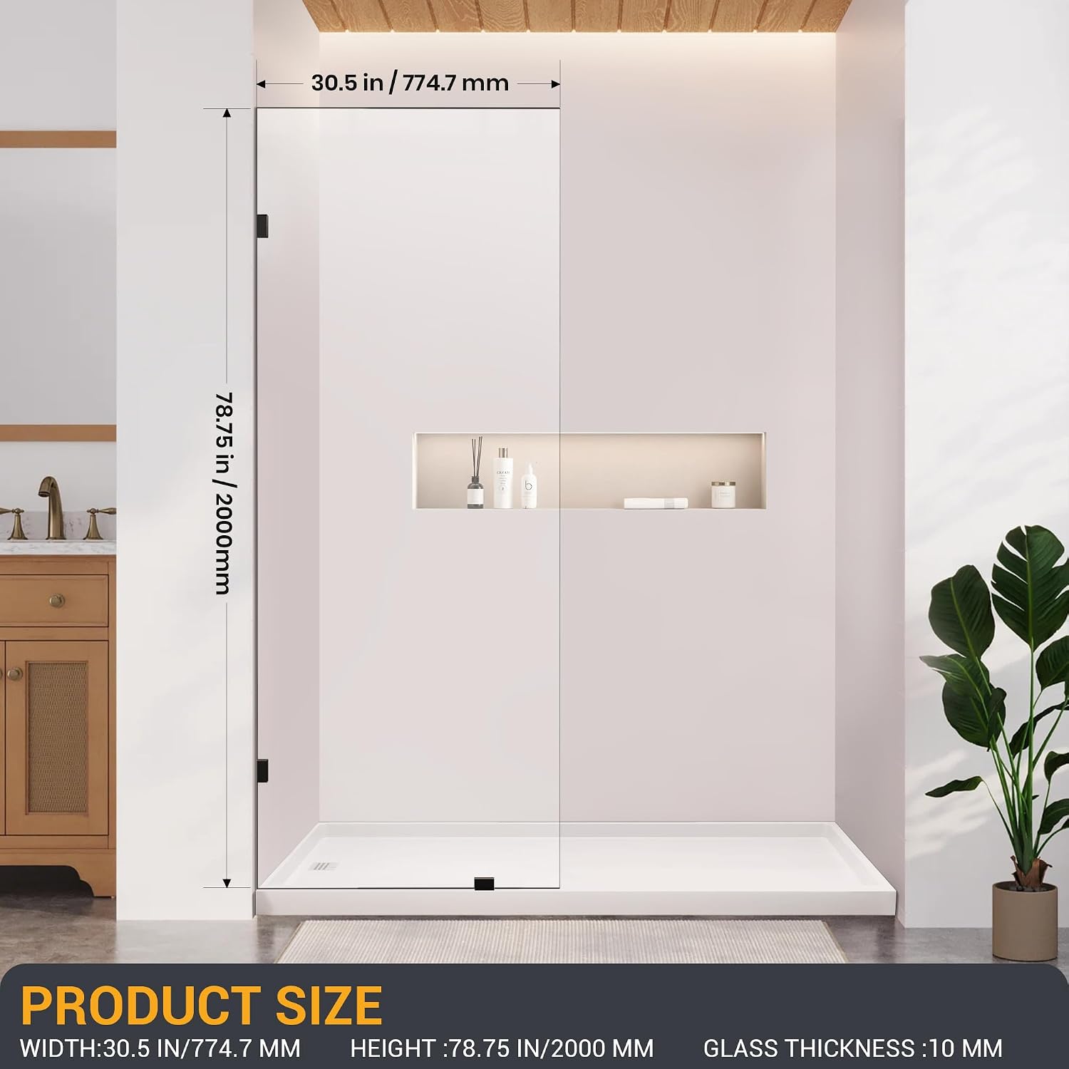 Bathroom Shower Glass Door 30.5" W×78.75" H, 3/8"(10mm) Thick Clear Tempered Glass Panel with Clamps, Fixed Frameless Waterproof Shower Door, Matte Black