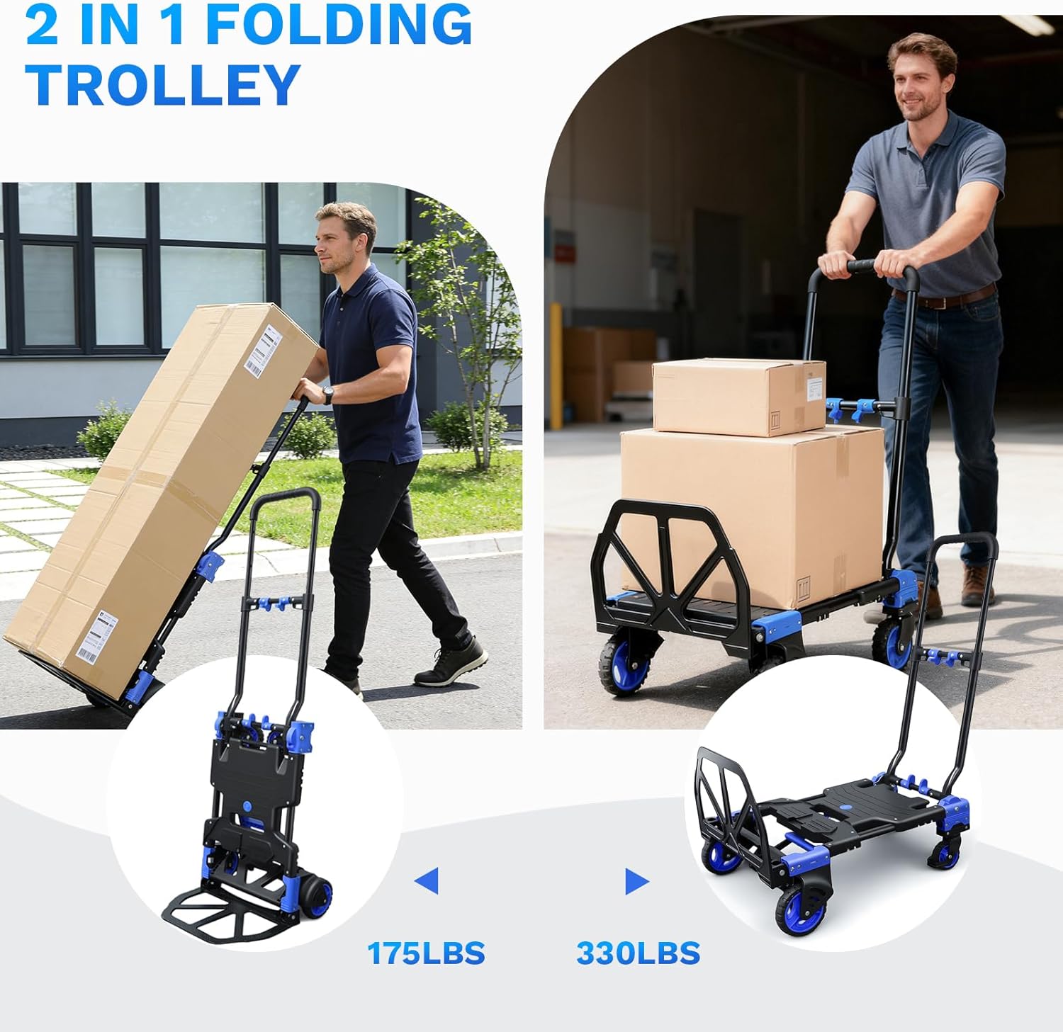2 in 1 Folding Hand Truck,330lbs Capacity Heavy Duty Hand Truck,with Telescoping Handle and Rubber Wheels,Portable Dolly Cart with Bungee Cords for Moving,Travel,Shopping