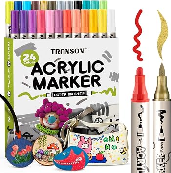 TRANSON 24 Colors Bold and Brush Dual-tip Acrylic Paint Marker Pen for Canvas Rock Wood Leather Ceramic DIY Painting