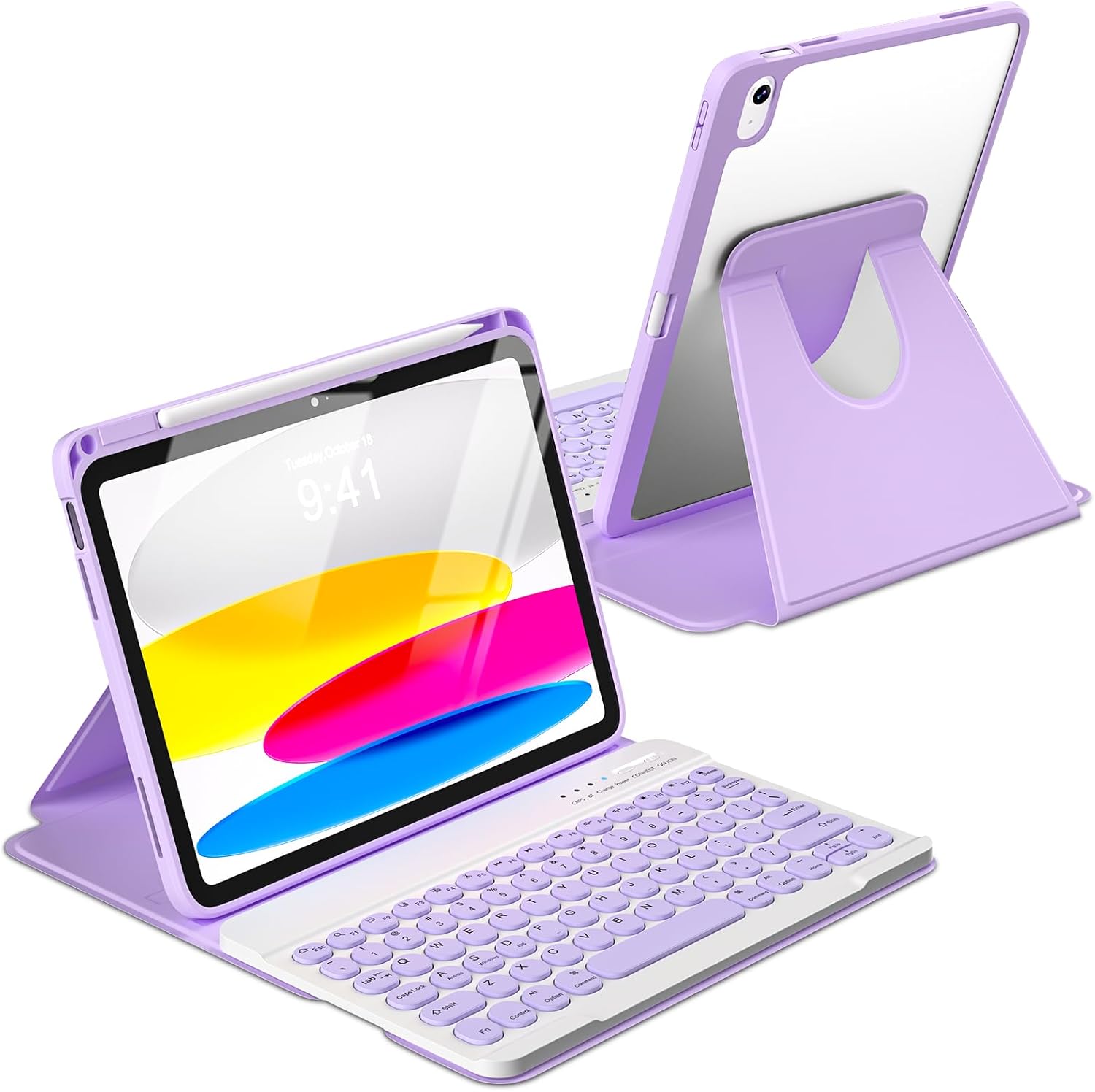 besky Keyboard case for iPad A16 11th 10th Generation 11/10.9 inch, Detachable Keypad，360 Rotatable Magnetic Cover with Pencil Holder for iPad 11 2025 10 Gen 2022 - Light Purple