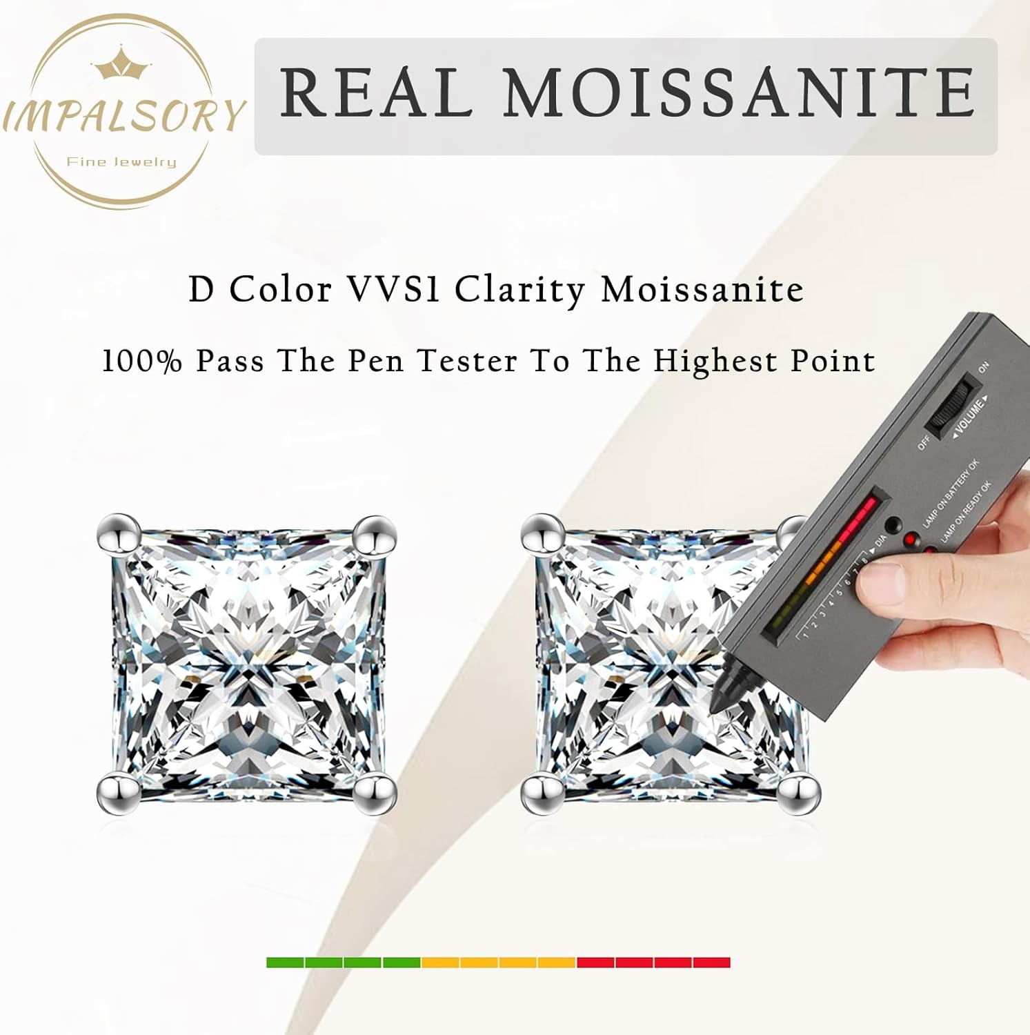 Princess Cut Moissanite Stud Earrings for Women Men, 18K White Gold Plated S925 Sterling Silver D Color VVS1 Clarity 0.3ct-3ct Lab Created Moissanite Earrings Promise Birthday Christmas Gift - Image 2