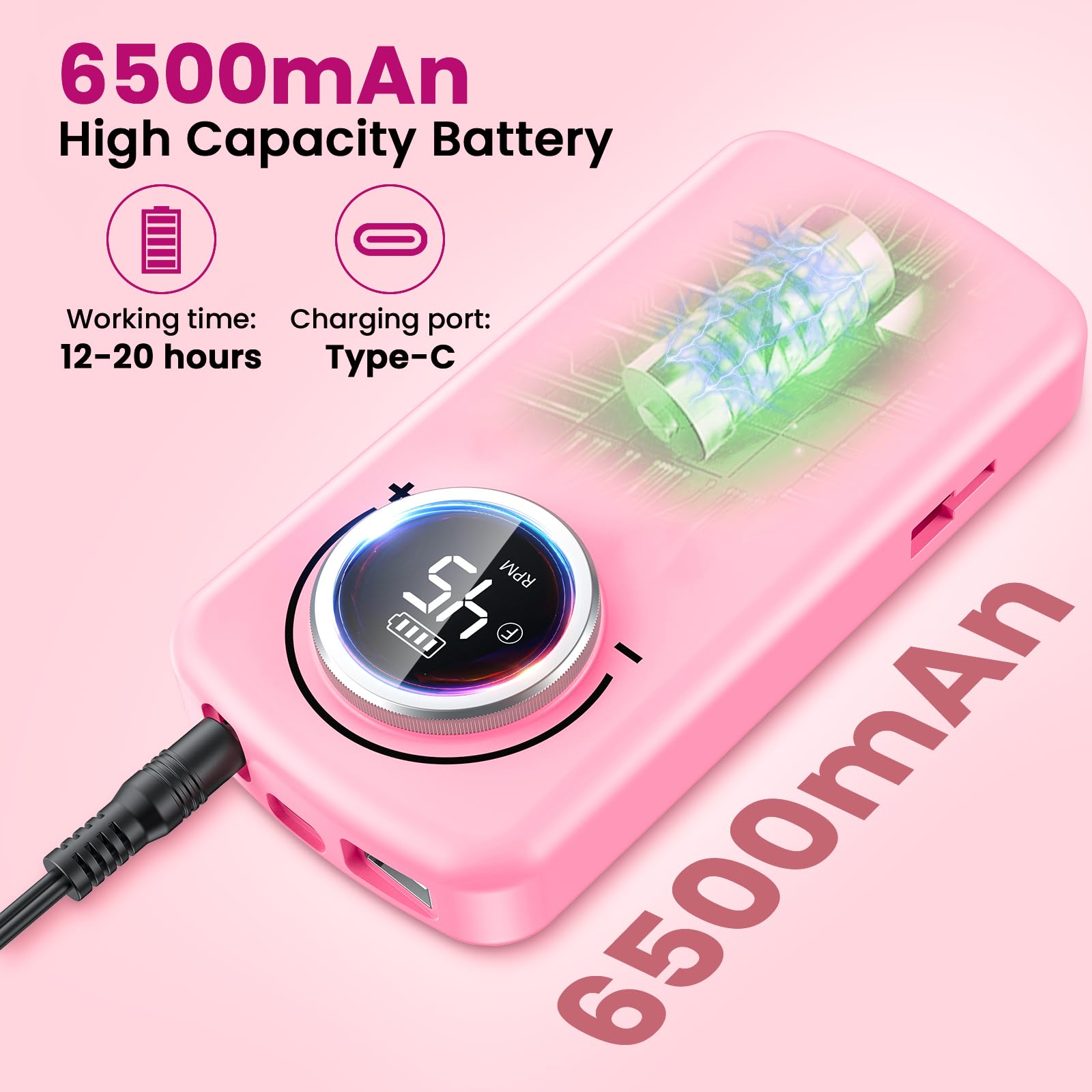 PKBD 45000RPM Professional Portable Nail Drill Machine for Gel Nails, Rechargeable Electric Nail Files Set with 11 bits and LCD Display, Pink
