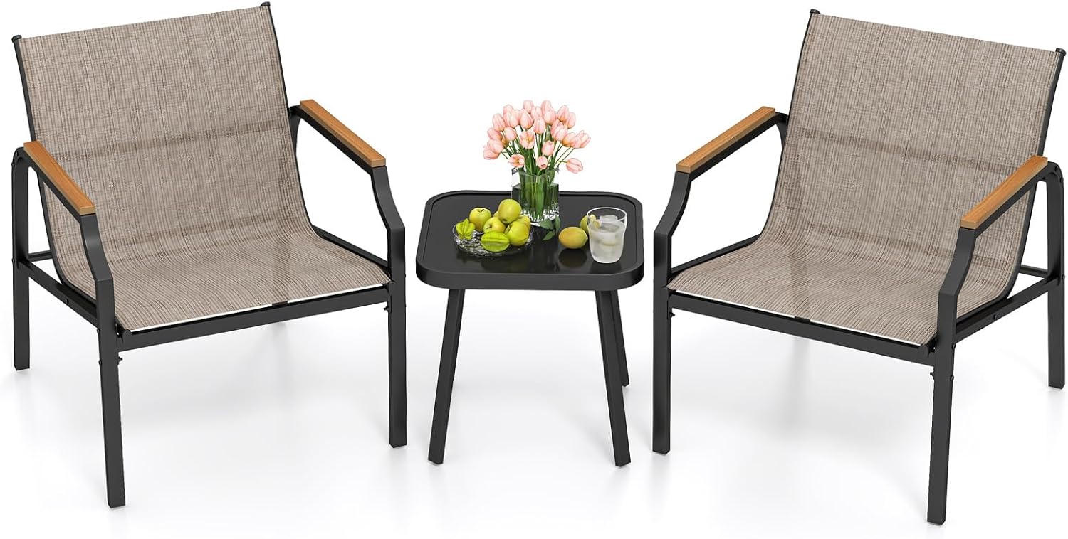 Tangkula 3 Piece Outdoor Bistro Set, Table & Metal Frame Chairs Set of 2 with Breathable Fabric Seat & Wood-Plastic Armrests, Morden Patio Conversation Set with Square Side Table for Balcony (Brown)