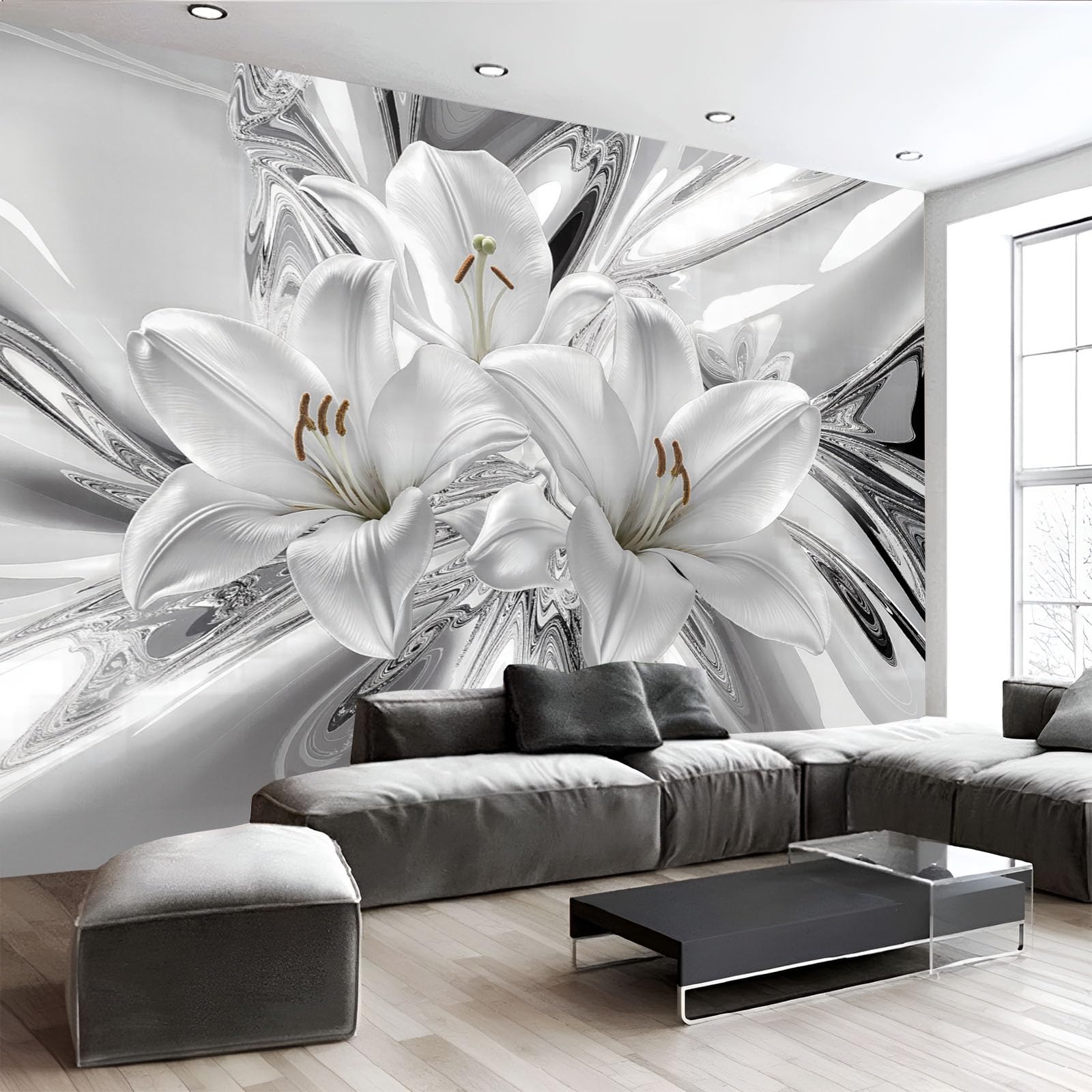 Papier Peint Intissé Mural Photo 450×315 cm Motif Luxe Lily Panoramique Poster Fresque Liquide Qui Coule Fleurs Murale Maison Bureau Restaurant, Argent Décoration Murale Papier Peint