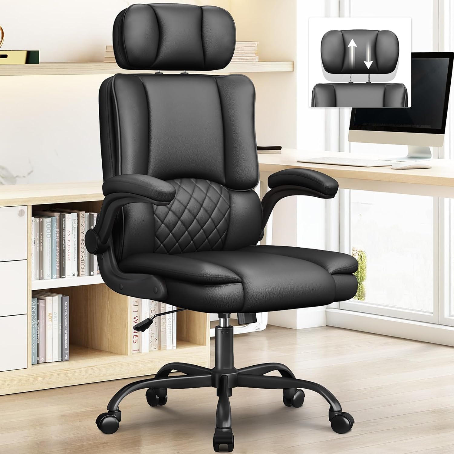 Executive Office Ergonomic Chair, Computer Chair with Adjustable Headrest,PU Leather Desk Chair,High-Back Swivel Task Chair for Home Office with Flip-Up Padded Armrests, 135°Reclining,Black
