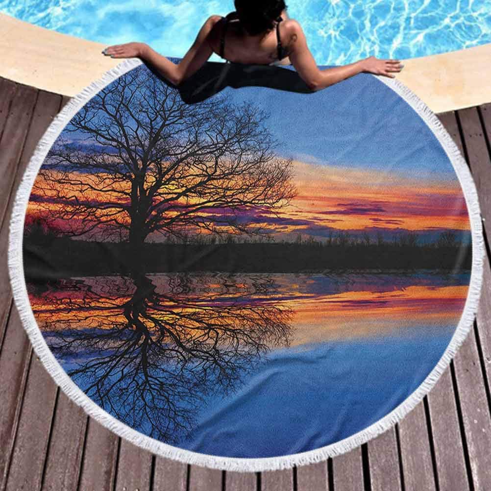 Beach Towel Nature Popular Handicrafts Beach Towel Majestic Full Branch Tree at Twilight with Water Reflection Out Magical Nature View Used for Meditation, Poolside Lounging Blue Orange (Diameter 59")
