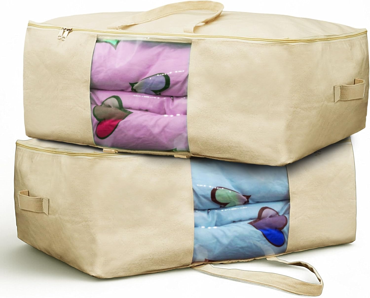 SOLSTICE Extra Large Cotton Canvas Storage Bag 25x19x9 inch with Zipper, 4 Handles & Window for Sarees, Pillows, Blankets & Seasonal Clothes as Wardrobe Organizer and Under Bed Storage | Pack of 2