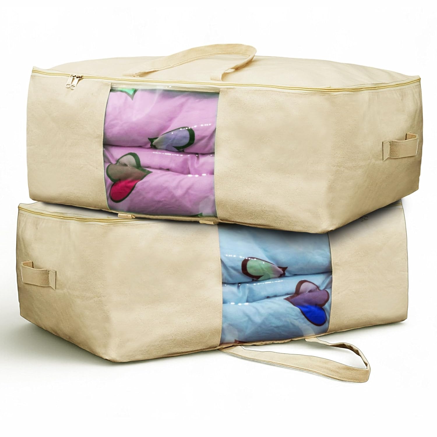SOLSTICE Extra Large Cotton Canvas Blanket Storage Bags with Zipper, 4 Handles & Window | for Saree, Pillows, Blankets, Ra...