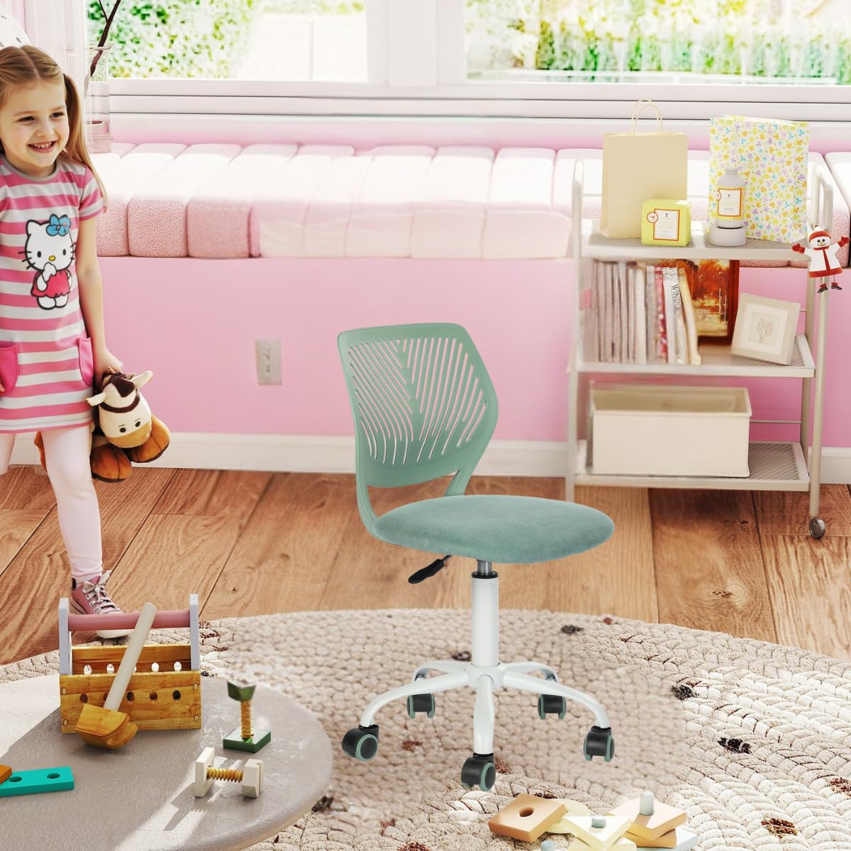 FurnitureR Silla de Escritorio para niños, Silla giratoria de Altura Ajustable con diseño de Respaldo de Agujero pequeño, Adecuada para Dormitorio de niños o Sala de Estudio, Verde molandi