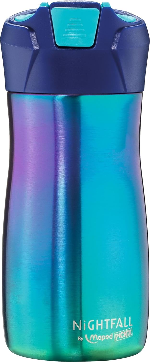 Maped - Water Bottle - Nightfall Collection - 430 ml Stainless Steel Bottle - Blue Color - Easy to Open with Lock Button - Includes a Handle - Easy Cleaning