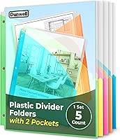 Dunwell 2-Pocket Dividers for 3-Ring Binder (1 Set, 5 Count) No Tab Binder Folders, 5 Bright Colors, Plastic File Jackets, File Folder Jackets, Tear Resistant Acid-Free Poly