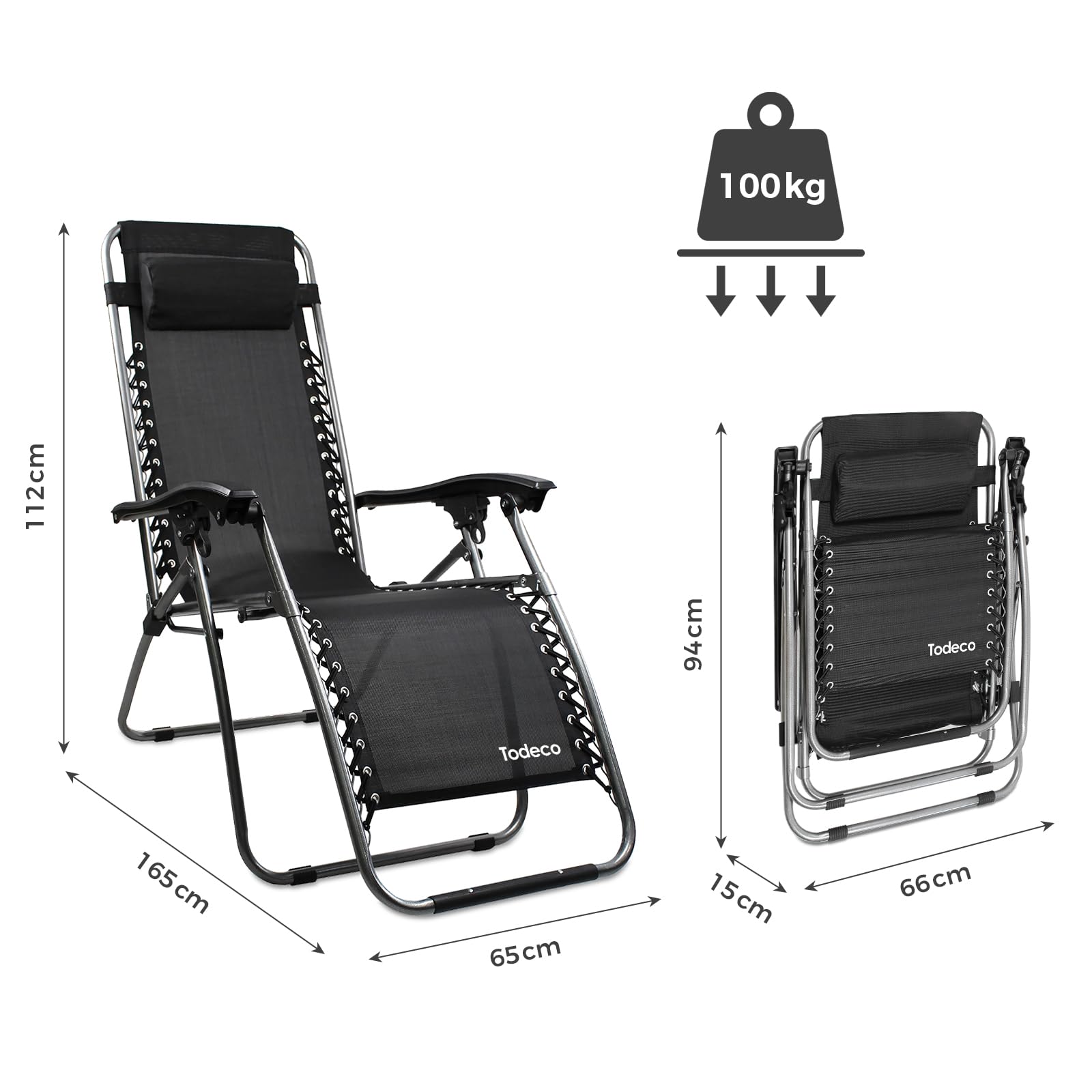 Todeco Chaises Longues Zéro Gravité, Fauteuils Relax de Jardin Pliables en Textilène Respirant avec Repose-Tête, Dossier Inclinable Multiposition, Bain de Soleil Terrasse Balcon Piscine, Noir