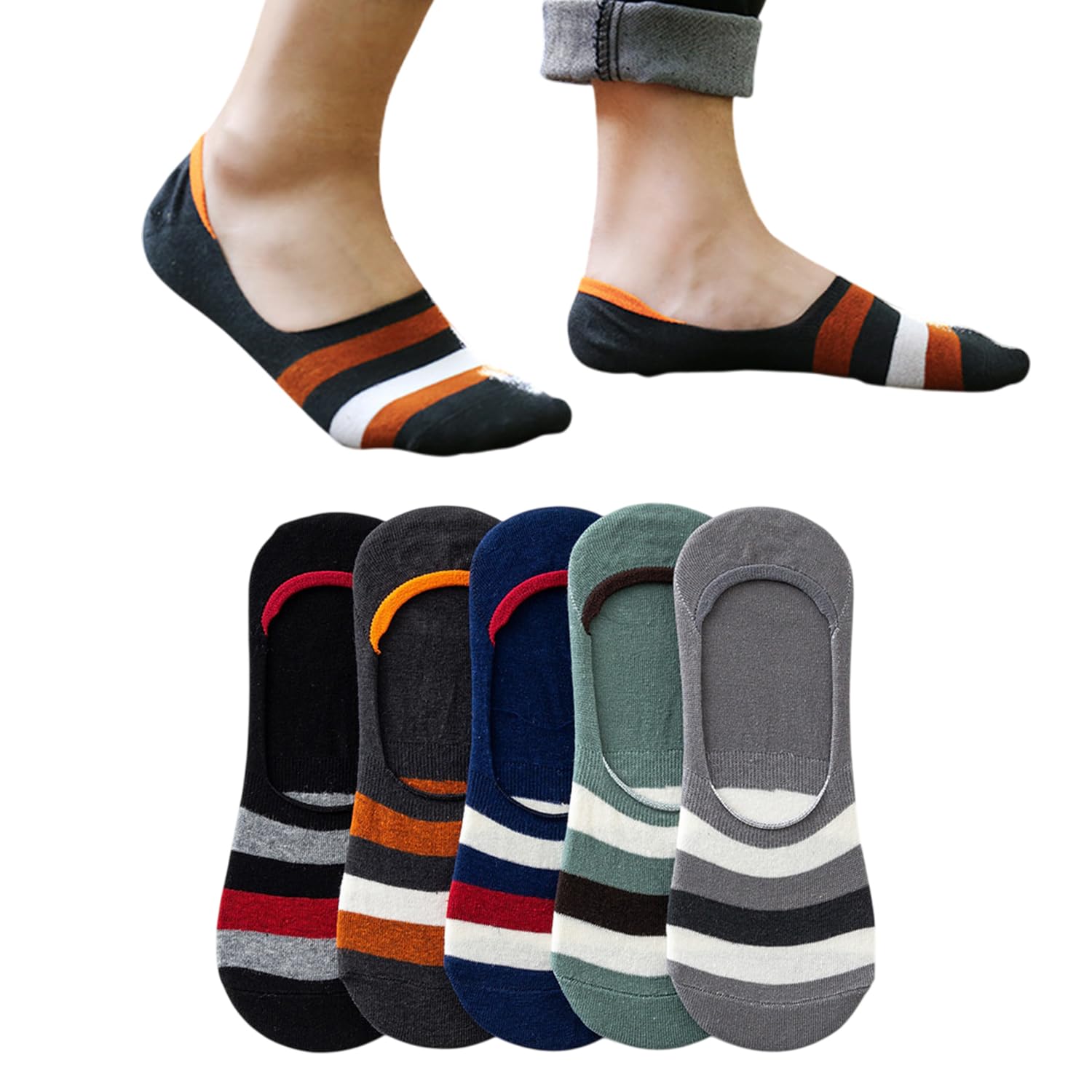 momisy 5 Pairs Men’s No Show Socks Low Cut Invisible Cotton Loafer Liners with Non-Slip Silicone Heel Grip, Breathable Athletic Flat Socks for Sneakers, Boat Shoes & Oxfords (Multicolor)-picture-20